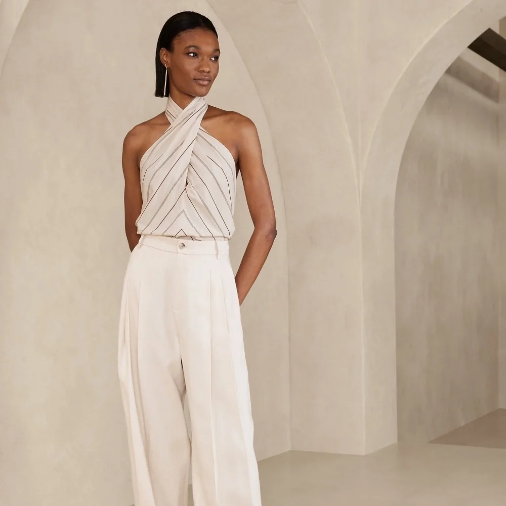 New! BANANA REPUBLIC Rhapsody Poplin Halter Top in Ecru Stripe colour, sz Large - Picture 4 of 6